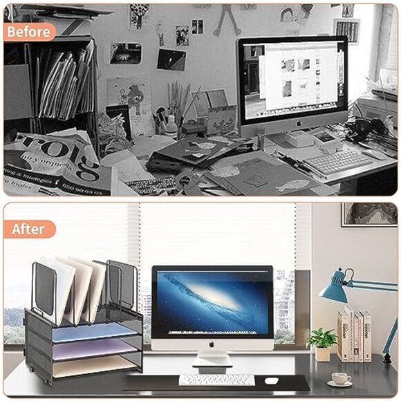3-Tier Metal Desk Organizer with 5 File Holders, Office Supplies Storage - Picture 3 of 8
